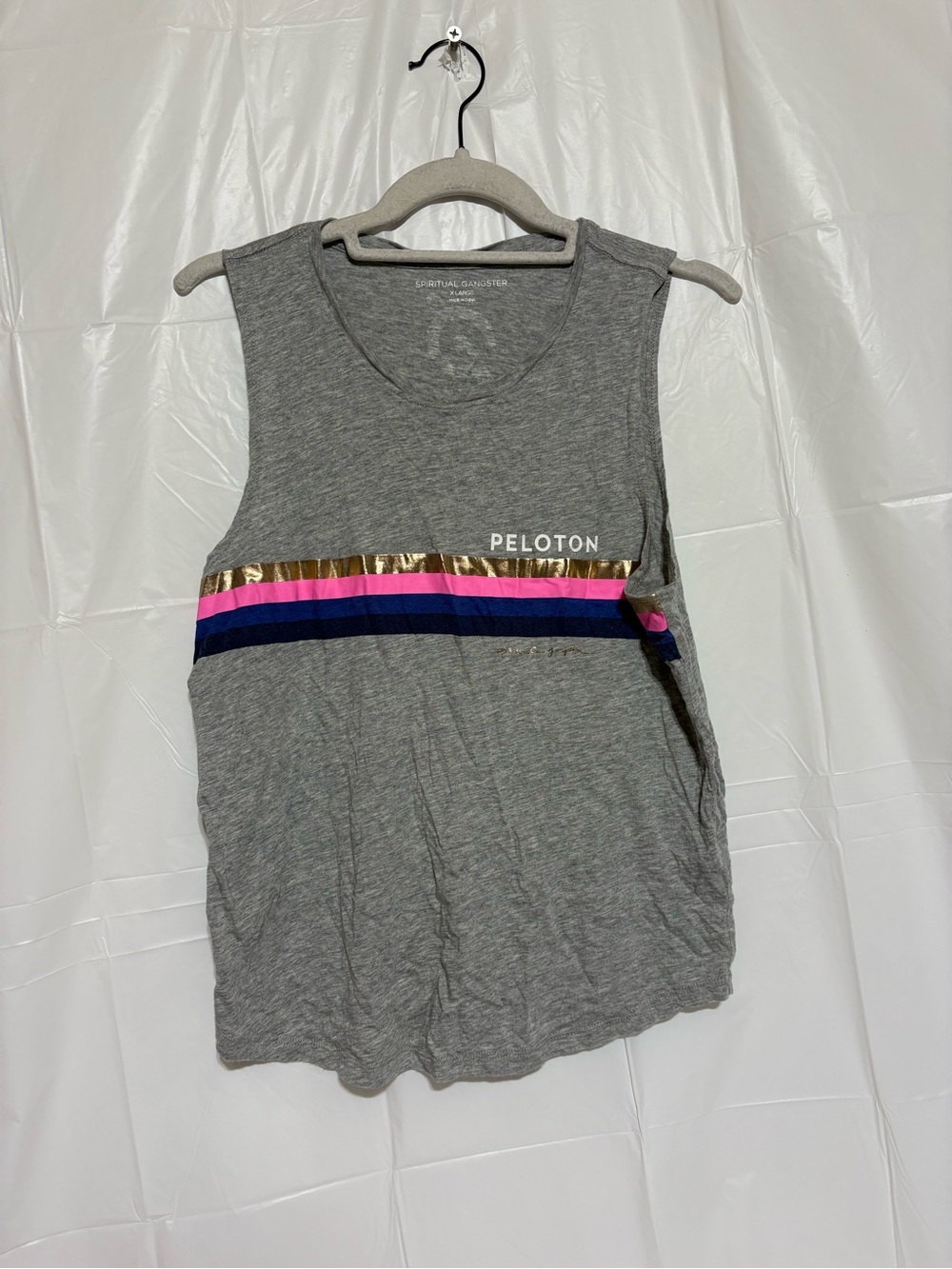 Spiritual Gangster Pelaton Gray Tank with Gold, Pink, Purple & Navy Stripes